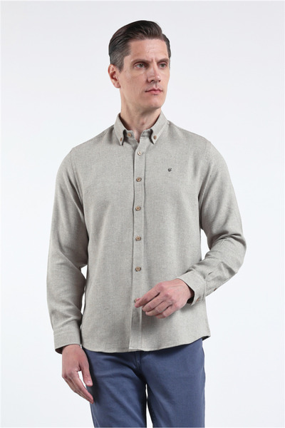 İmza Brown - White Buttoned Collar Long Sleeve Pocketless Slim Fit Cotton Pac...