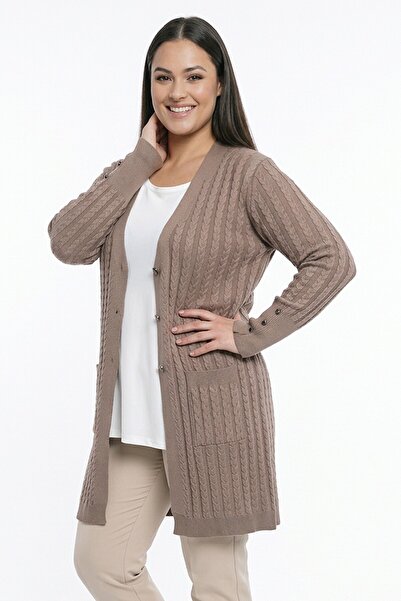 By Saygı Women's Hair Braided Mercerized Stretch Fabric Plus Size Cardigan