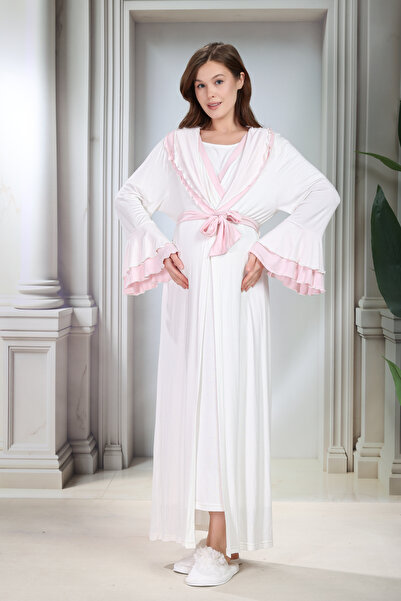 Lohussa YeniSezon Pudra Şal Yaka Volanlı Yazlık Şık Tam Boy Kısa Kol Hamile L...