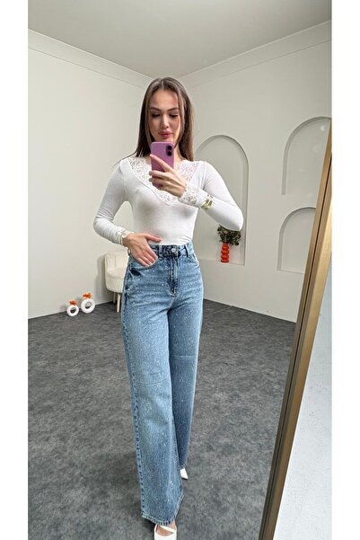 sahraozluk Wıde Leg Yüksek Bel Yeni Kar tanesi Taşlı Jean Mavi Renk