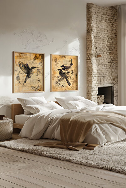 STARYUNA Wooden Framed Vintage Bird and Sketch Themed Double Painting Set Yun...