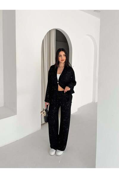 Elaxi Set de două piese pentru femei, cu mâneci lungi argintii și pantaloni k...