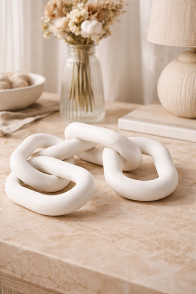 DİVAYS Beyaz Ahşap Zincir Dekor Obje Modern Rustik Masa Üstü Aksesuar 4 Halkalı