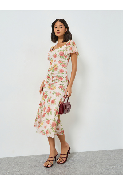 Styli Multi Floral Sheath Midi Dress with Frill Sleeve