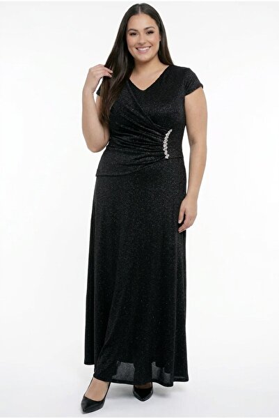 By Saygı Kadın V Yaka Yarım Ay Kollu Astarlı Taş Aksesuarlı Simli Büyük Beden...