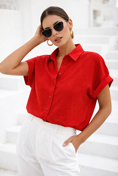 Rich Cămașă roșie cu mânecă scurtă supradimensionat pentru femei
