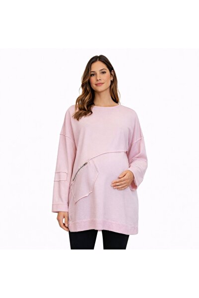 Desen Hamile Giyim Pembe Fermuar Detaylı Hamile Tunik