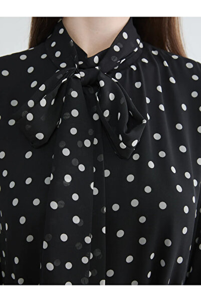 LC Waikiki Black High-Neck Polka Dot Belted A-Line Dress