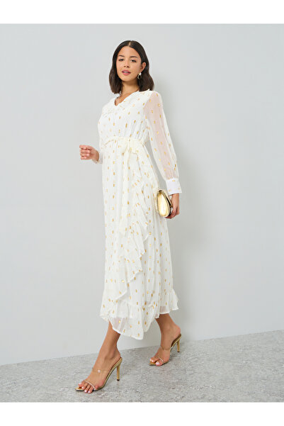 Styli White Lurex Foil Ruffled Midi Dress