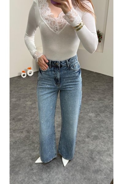sahraozluk Wide Leg High Waist New Snowflake Stoned Jean Blue Color