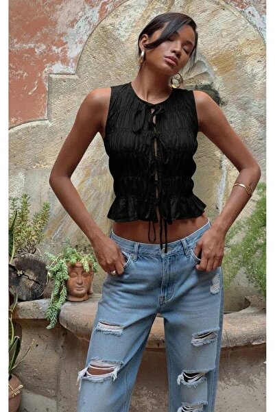 Cool & Sexy Bluză neagră, scurtă, cu șnur, stil boem, cu detalii Gipe