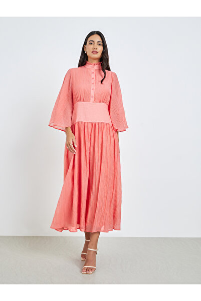 Styli Pink Crinkle A-Line Maxi Dress