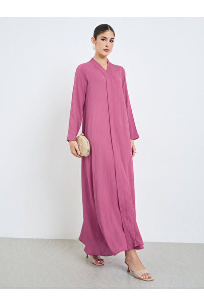 Amirah By Styli Pink Crepe V Neck Jalabiya