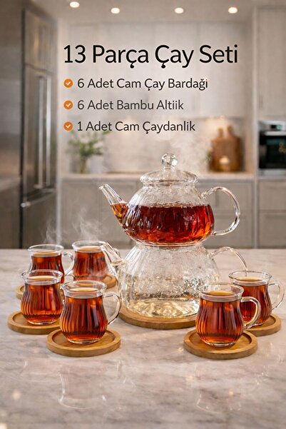 ENYAZA(2024) 13 Parça Çay Seti Borosilikat Cam Çizgili Çaydanlık Ve Bardak Se...