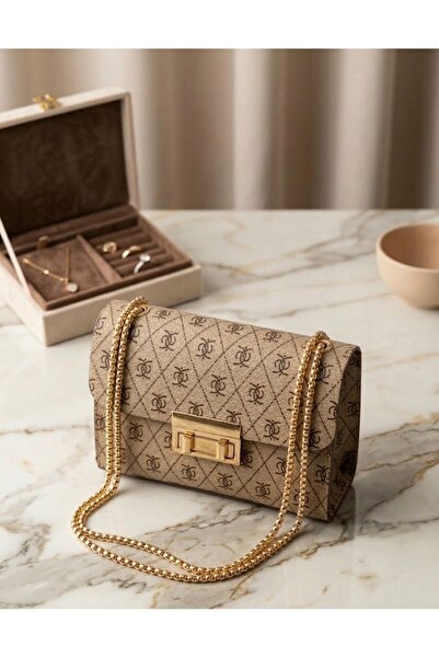 addy Beige Gold Chain Strap Piece Portfolio Shoulder Bag and Clutch Bag E19B13