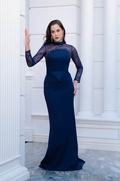 Lafaba Women's Navy Blue Bolero Detailed Long Lace Piece Fishnet Evening Dress