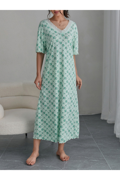 Take Two By Styli Green Floral Print Short Sleeve Nightdress