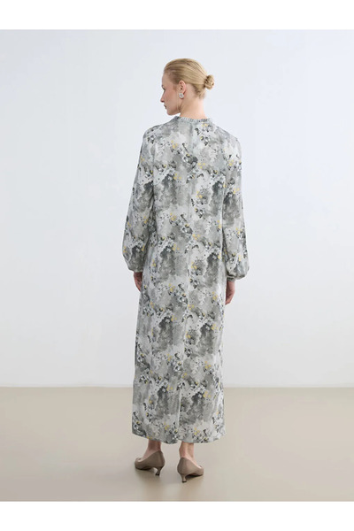 LC Waikiki Gray Hakim Collar Ruffled Floral Dress