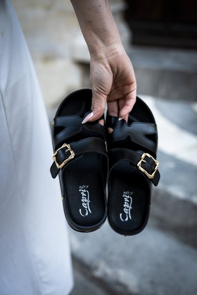 Caprilife Women's Black Double Buckled Slipper Gold Detailed Comfortable Sole Daily Stylish Summer Model