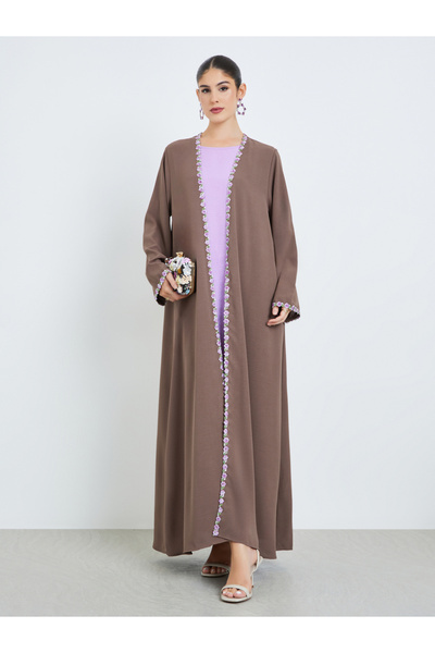 Amirah By Styli Brown Front Open Abaya with Floral Trim