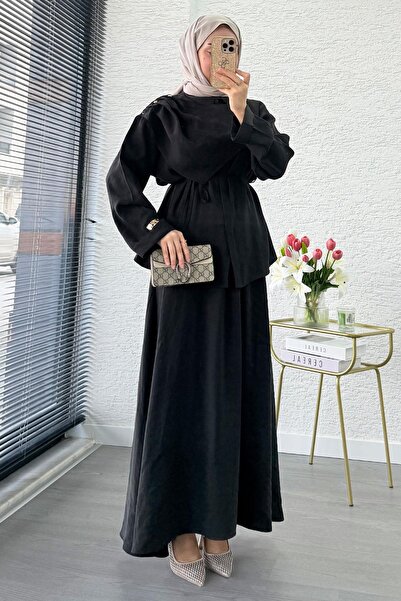 MELEK ARAZ Premium Shoulder Gold Buttoned Skirt Suit - Black