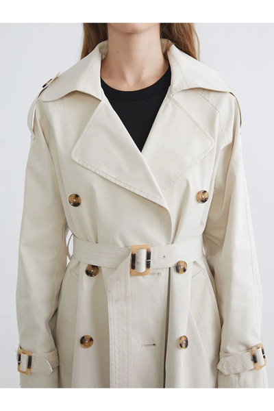 LC Waikiki Ecru Double-Breasted Collar Women's Trench Coat