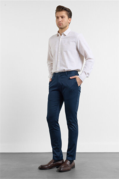 İmza Lacivert Yan Cep Düz Paça Armürlü Slim Fit Pamuklu Chino Pantolon 100326...
