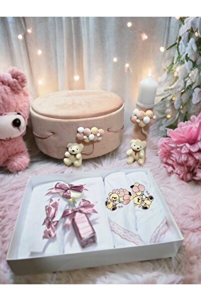 Inovius Baptism and Candle Set, 9 Pieces, with Teddy Bear, Beige, Velvet - TB284