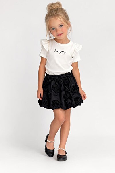 Bambam Fustă neagră tip balon și set de 2 piese alb cu imprimeu pentru fete -...