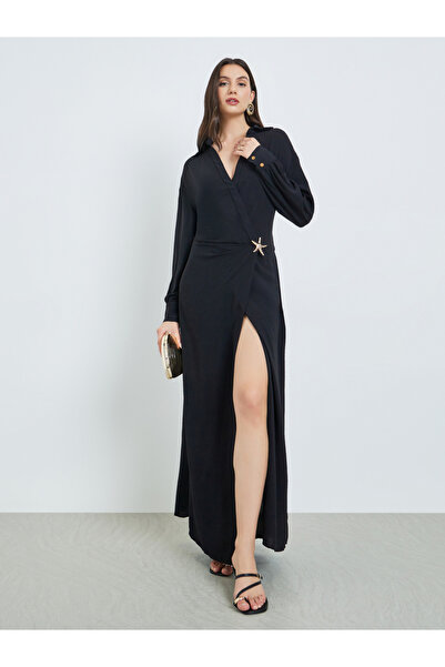 Take Two By Styli Black Maxi Dress with Star Brooch Detail