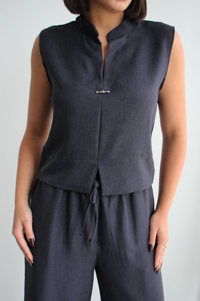 Ded COLLECTION Women's High Collar Sleeveless Brooch Top Wide Leg Bottom Line...