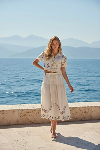 bysoca Women's Ecru Colorful Floral Embroidered Front Tie-Detail Linen Pinter...