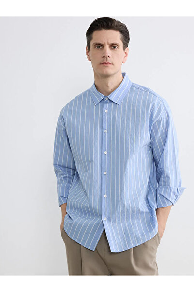 LC Waikiki Μπλε Ανδρικό Πουκάμισο Regular Fit Ριγέ Ποπλίνα