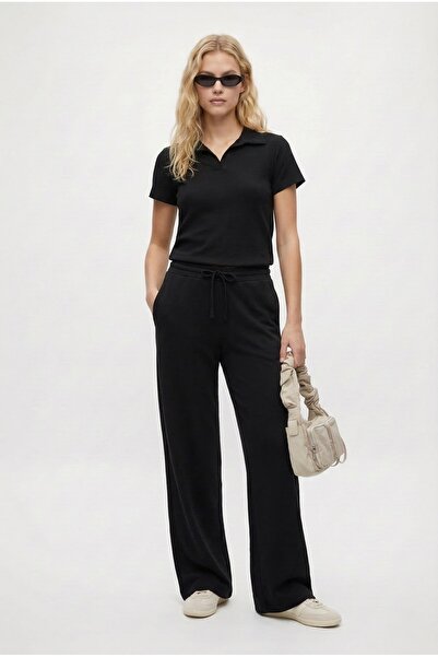 Ritnice Women's Nadia Modal Touch Polo Neck Waist Elastic Pocketed Black Bott...