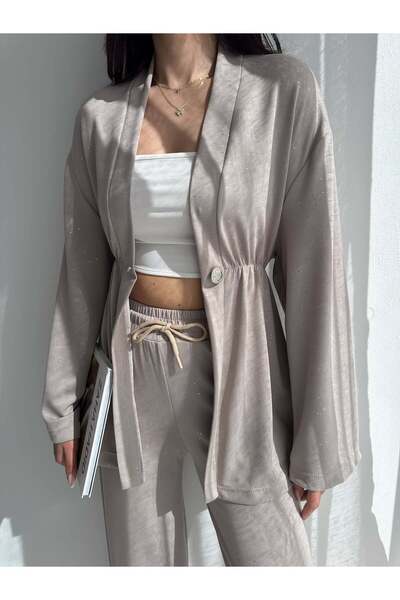 Elaxi Women's Glittery Long Sleeve Modal Fabric Kimono Pants Double Set – Sty...