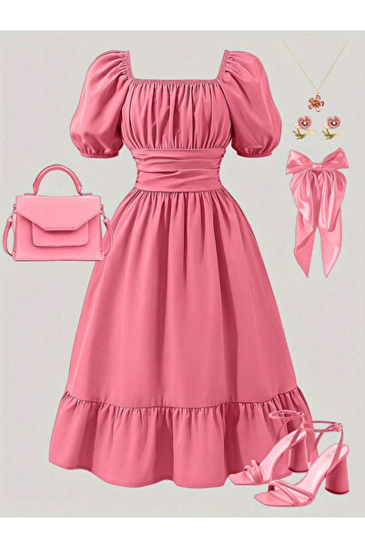 Take Two By Styli Girls Pink Puff Sleeve Pleated Ruffle Hem Midi Dress