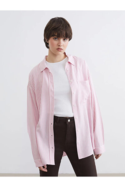 LC Waikiki Pink Striped Oversized Linen Mixed Women's Shirt