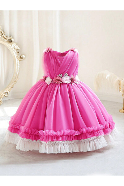 Take Two By Styli Girls Ruffle Hem Floral Detail Bow Party Dress