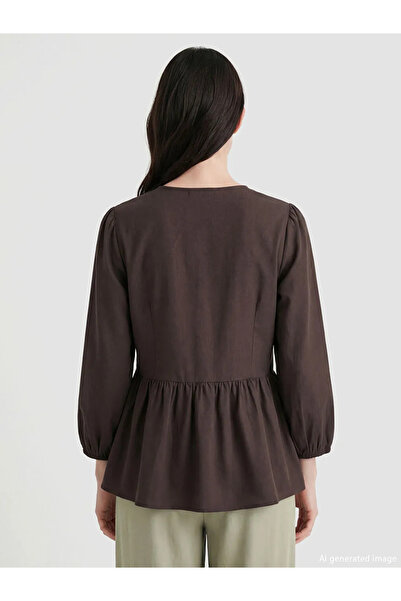 LC Waikiki Καφέ μπλούζα με φιόγκο σε σχήμα V Με δέσιμο