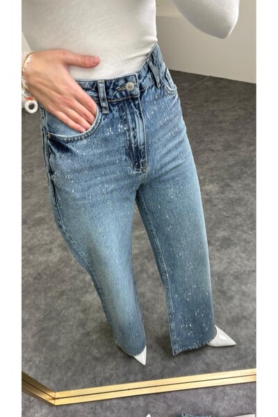sahraozluk Wide Leg High Waist New Snowflake Stoned Jean Blue Color