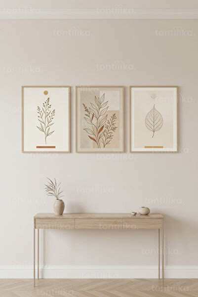 Tontilika Minimalist Botanik Yaprak Desenli 3’lü Ahşap Çerçeveli Tablo Seti