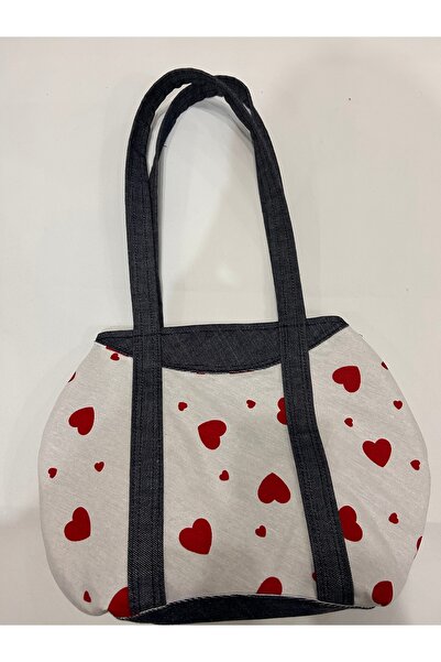 Şadoğlu Tekstil Kalp Patterned Women's Shoulder Bag –(XL) Denim Strap Daily D...