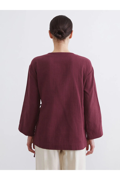 LC Waikiki Burgundy Double-Breasted Collar Women's Muslin Kimono