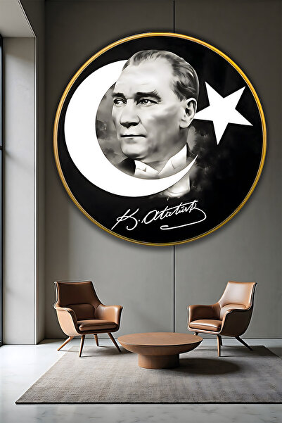 B&G DESIGN Mustafa Kemal Atatürk Portret Moon Star Negru Rotund Auriu Birou ș...