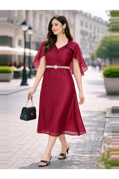 HOUSE OF RAELI By Styli Red Cape Sleeve Midi Dress with Pearl Belt