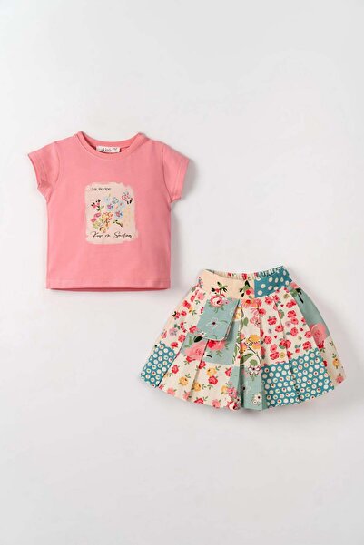 nk kids طقم تنورة زهرية كتان للفتيات الصغيرات من عمر 1-4 سنوات باللون الوردي