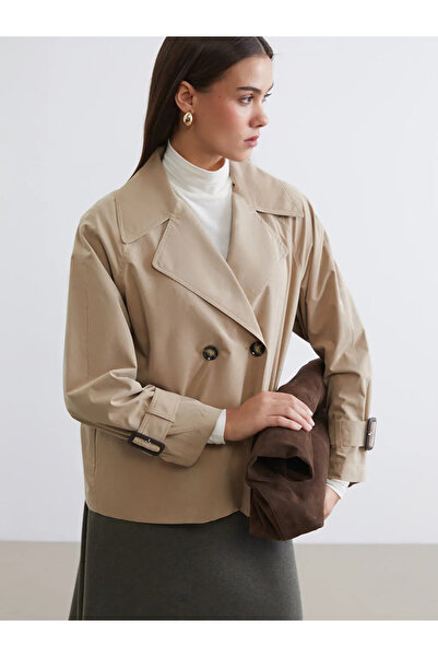 LC Waikiki Brown Double Breasted Collar Oversize Women's Trench Coat