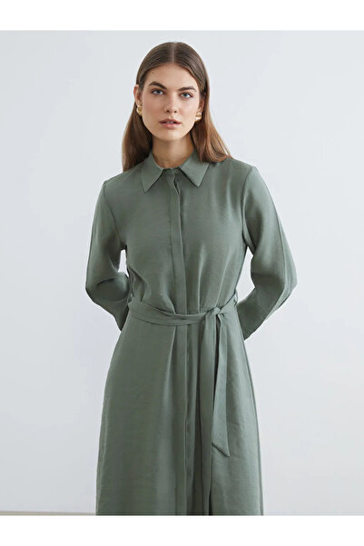 LC Waikiki Green Belted Waistband Modal Mixed Material Shirt Dress
