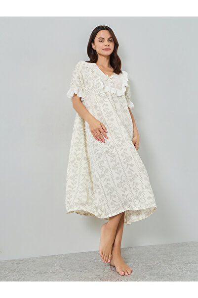 Styli Floral Print Midi Nightdress with Lace Trim