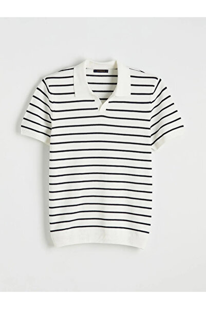 LC Waikiki Ecru Polo Neck Striped Men's Knit Sweater